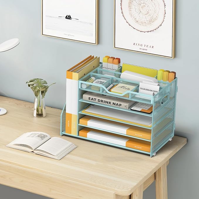 5 Tier Paper Letter Tray Desk Organizer with Pen Holders - Blue | Features 3 pen holders and 4 removable dividers.Versatile mesh desktop storage for mail, document,office supplie - Image 6
