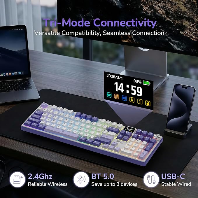 RK ROYAL KLUDGE S104 Wireless Mechanical Keyboard with Screen & Metal Knob | 101 Keys Full Size Top Mount RGB Gaming Keyboard, 8000mAh Battery, Tri-Mode BT/2.4GHz/USB-C, Hot Swap Custom Linear Switch - Image 3