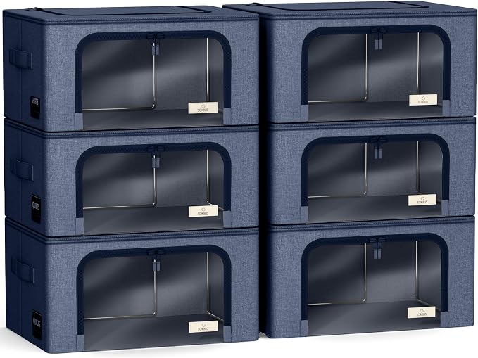 Sorbus Clothes Storage Bins, Clear Window & Handles (6 Pack, Blue) | Large foldable stackable boxes have easy-carry grips for bedding and linens in closets, bedrooms and laundry rooms. - Image 7