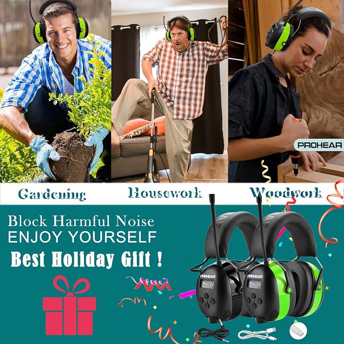 PROHEAR 033 2Pack Upgraded Bluetooth 5.4 Hearing Protection AM FM Radio Headphones, Noise Reduction Safety Earmuffs with Rechargeable 1500 mAH Battery, Ear Protector for Mowing Lawn Work, Black+Green - Image 7