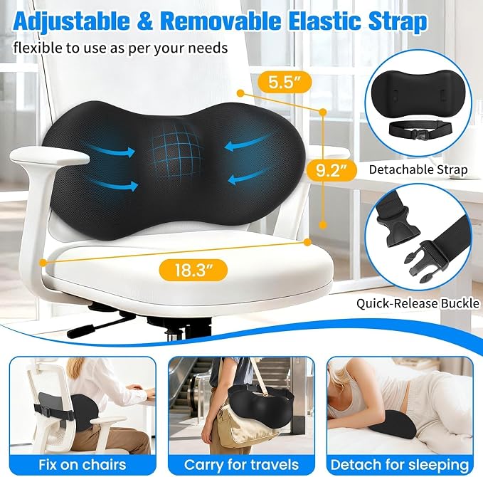 SweetSlubr Lumbar Support Pillow for Office Chair, Back Support, Black | Memory Foam with Breathable Cover. Adjustable Strap Fits Office, Gaming & Car Chairs for Everyday Comfort. - Image 3