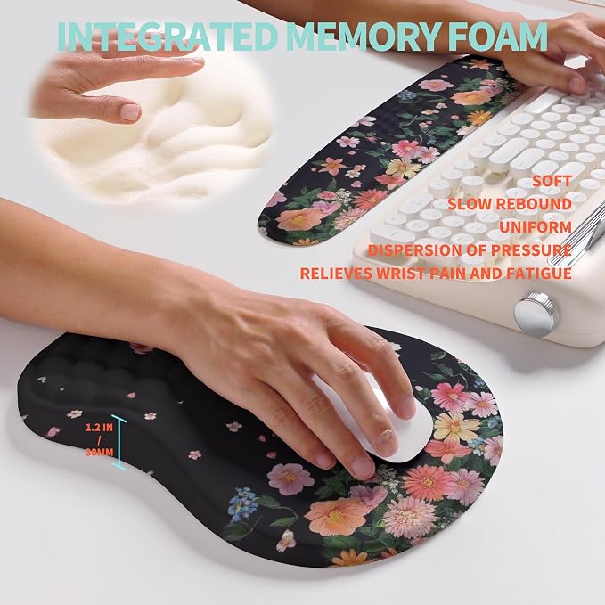 2-in-1 Ergonomic Set, Wave Rise Keyboard Wrist Rest and Massage Bulge Slope Mouse Pad Wrist Support, Cushion Memory Foam Integrated to Relieve Wrist Pain, Flower Dance - Image 4