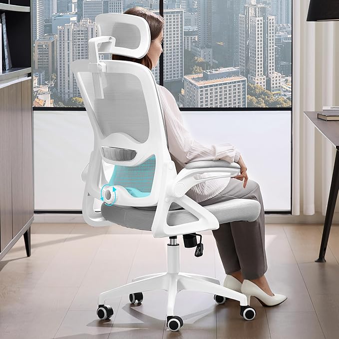 Ergonomic Office Chair,Mesh Office Chair with Lumbar Support,High Back Desk Chair with Flip-up Arms,400 lbs Big and Tall Computer Chair with Headrest,Comfy Desk Chairs (Light Grey) by NexthroOfficeChair