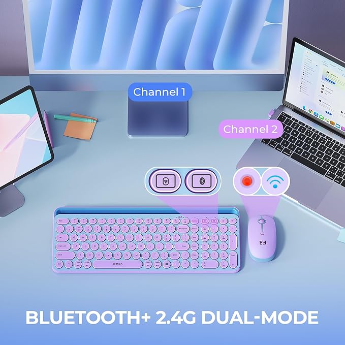 seenda CTU-301 Bluetooth Keyboard and Mouse Combo for iPad,Blue&Purple | Bluetooth+2.4G combo with tablet holder, full-size keys and quiet clicks for iPad, iPhone, Mac, Windows and Android. - Image 2