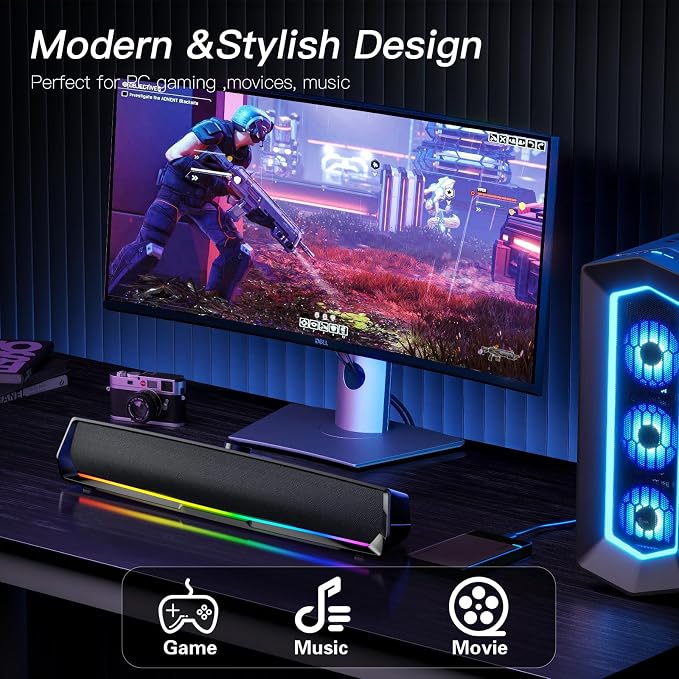Computer Speakers for Desktop,PC Speakers Gaming Sound bar with Colorful Light,USB Speaker With Bluetooth for PCs Desktop Laptop Tablets,Wired Bluetooth Speaker for Phones(Type-C Adapter Included) - Image 6