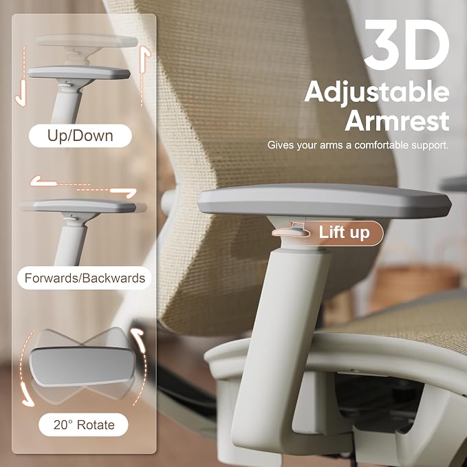 Mesh Office Chair,Ergonomic Computer Desk Chair,Sturdy Task Chair- Adjustable Lumbar Support & Armrests,Tilt Function,Comfort Wide Seat,Swivel Home Office Chair (Beige) - Image 4