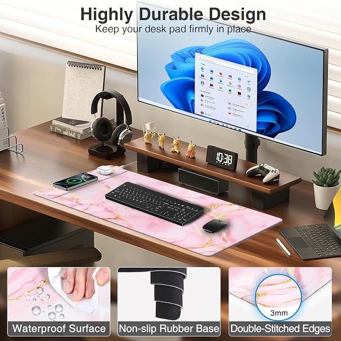 Pink Marble Mouse Pad with 15W Wireless Charging, 31.5"x15.8" in | Large Gaming Desk Pad/Mat for Women Girls, Waterproof Ultra-Smooth Surface, Non-Slip Base - Image 5