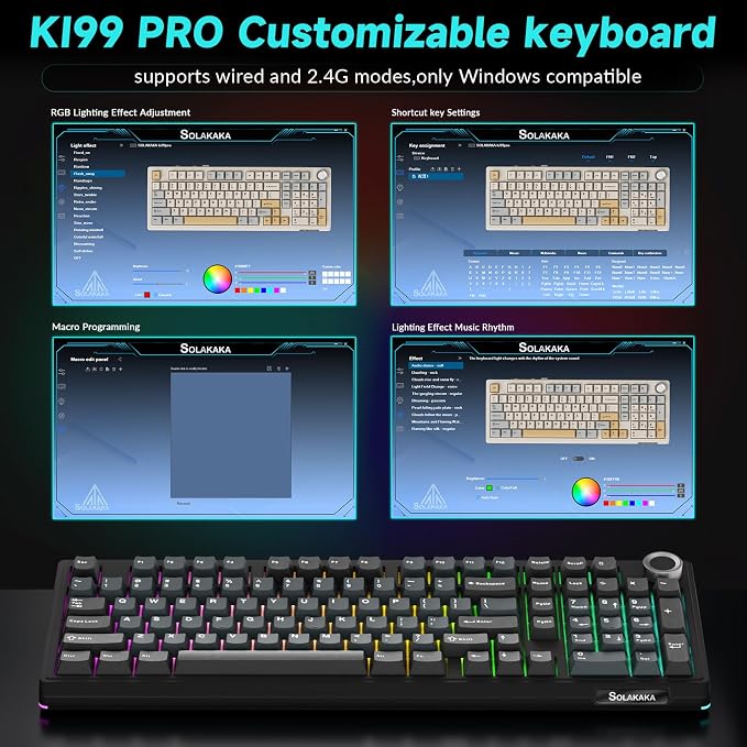 SOLAKAKA KI99 Pro Wireless Mechanical Keyboard with Quiet Switch, Hot Swappable Pre-Lubed Switches with RGB Backlit, Gasket Structure Computer Gaming Keyboard (BlackBlue, Silent Switch) - Image 8