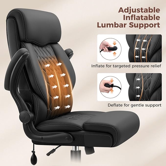 Ergonomic Office Chair with Lumbar Support, Executive Leather Computer Desk Chair with Flip Up Arms & Rocking Function, High Back Big and Tall Comfortable Gaming Chair for Home Office - Image 4