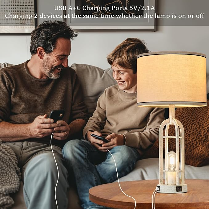 SRJJA Farmhouse Table Lamps for Living Room Set of 2 - Rustic Industrial Lamps for Night Stands with Night Light & USB A+C, 24" Vintage Bedside Lamp for Bedroom, Bulbs Included - Image 3