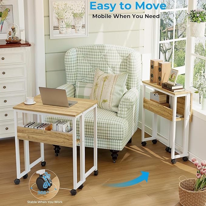 GreenForest Folding Desk with Wheels, 24.8" Rolling Table for Small Spaces | Storage Shelf, Lockable Casters, Compact Portable Workstation, Space-Saving Foldable Sofa Table, Home Office, Mobile, Oak - Image 4