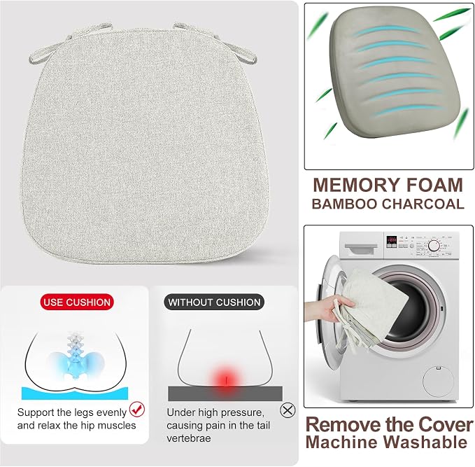 SINOSSO 4 Pack Memory Foam Chair Cushions for Dining Chairs, Friendly Woven Fabric 16" U-Shape Comfortable Kitchen Chair Pads, Removable Slip Resistant Seat Cushions (Set of 4, Beige-Gray) - Image 5