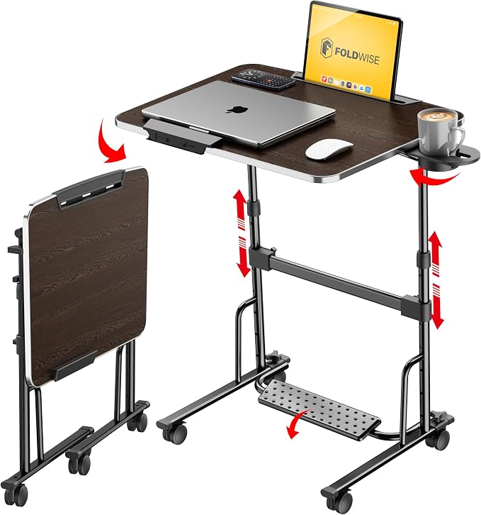Foldable Standing & Rolling Desk, Upgraded Portable Desk on Wheels | Adjustable Height & Angle, Sturdy Mobile Table Workstation for Laptop with Footrest, Cup Holder, Edge Stopper & iPad Holder by FoldWise