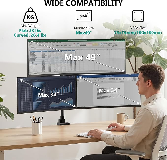 WALI Stacked Triple Monitor Mount for 49" UItrawides and Dual 34" Monitors | Heavy Duty 3 Monitor Arm up to 33 lbs, Full Motion with Tilt, Swivel, Rotation, C-Clamp & Grommet Base, VESA 75/100mm, Black - Image 2