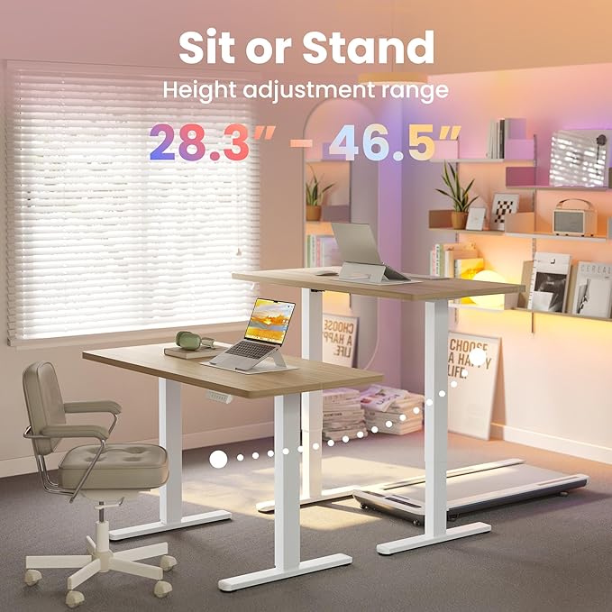 HUANUO 55x28 Inch Electric Standing Desk, Height Adjustable, Light Walnut | 176 Lbs Capacity, Smooth Home Office Desk, 4 Memory Presets & Headphone Hooks, 28.3–46.5 Inch Height Range, Easy to assemble - Image 4