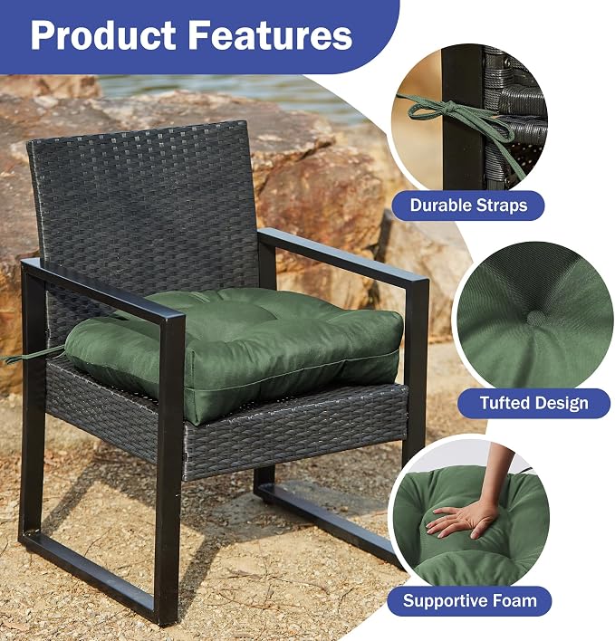 IPYNBAP Outdoor Chair Cushions Set of 4, Patio Chair Cushions with Ties, 19x19+5” Tufted Outdoor Seat Cushions, Waterproof Patio Furniture Cushions, Outdoor Dining Chair Pads, Forest Green - Image 5