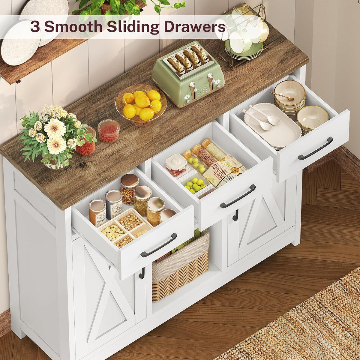 Storage Cabinet, Coffee Bar Cabinet with 3 Drawers, 2 Adjustable Shelves & 2 Doors, Buffet Cabinet, Kitchen Cabinet for Kitchen, Dining Room, Living Room, White - Image 6
