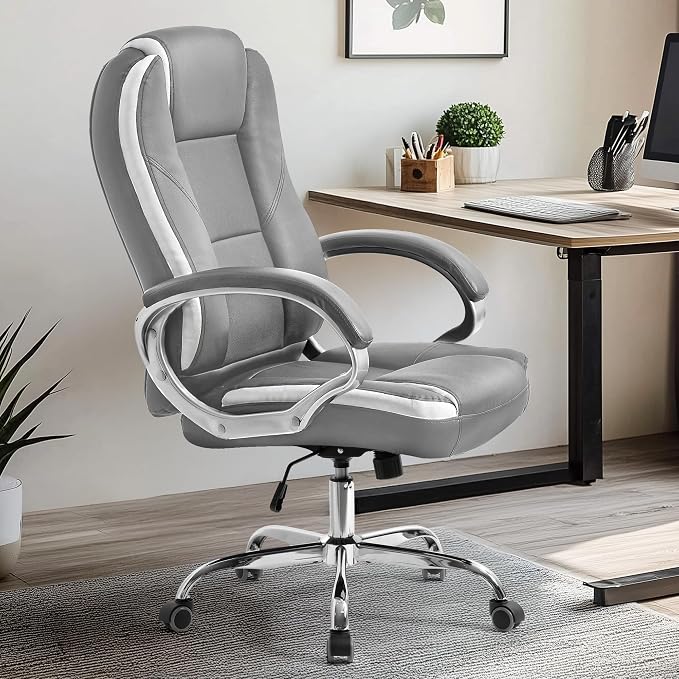 NEO CHAIR Office Desk Chair PU Leather Chair with Lumbar Support, Grey | Ergonomic High Back Executive Computer Chair, Comfortable Padded Fixed Armrests Swivel Chair with Wheels for Office/Home - Image 2