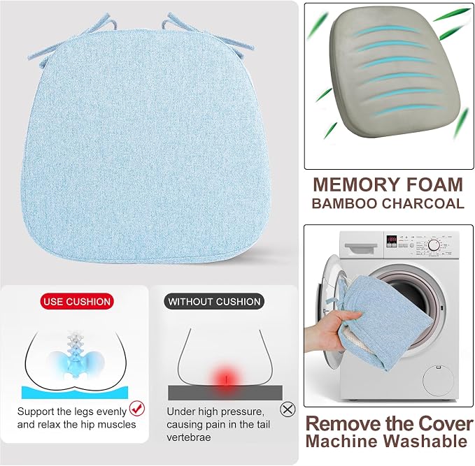 SINOSSO 4 Pack Memory Foam Chair Cushions for Dining Chairs, Friendly Woven Fabric 16" U-Shape Comfortable Kitchen Chair Pads, Removable Slip Resistant Seat Cushions (Set of 4, Water Blue) - Image 6