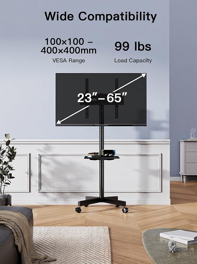PERLESMITH Rolling TV Stand on Wheels for 23-65 Inch TVs,Tilt Mobile TV Cart Holds up to 99 lbs with Adjustable Height Shelf, Outdoor TV Stand for Bedroom Max VESA 400x400mm PSTVMC04 - Image 2
