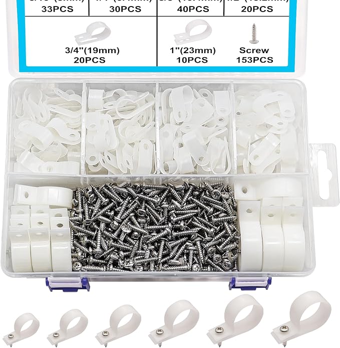 TWTADE 306PCS White Cable Clamps Assortment Kit, Nylon Plastic R-Type 6 Sizes 3/16'' 1/4'' 3/8'' 1/2'' 3/4'' 1'' Cable Mounting Wire Clips Fastener with Screws for Wire Management by TWTADE