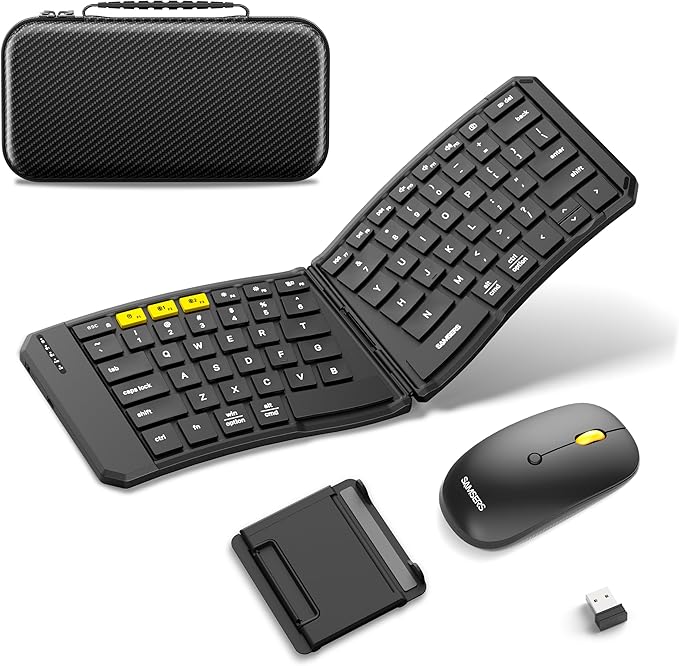 Samsers Ergonomic Split Foldable Keyboard and Mouse for Travel and Business | PU Leather Cover, Split Design, 6-Row Layout, 3 Devices Switching, 2.4G + BT5.0 x2, Quiet Mouse, Hard Case, USB-C Charging by HOME