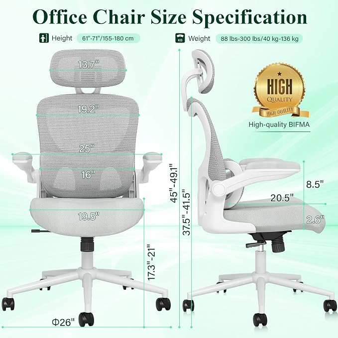 SUNNOW Ergonomic Office Chair, Comfy Mesh Desk Chair, High Back Computer Gaming Chairs with Adjustable Lumbar Support, Flip-Up Arms, Headrest, Tilt Function, Wide Cushion, Swivel Rolling Wheel (Grey) - Image 3