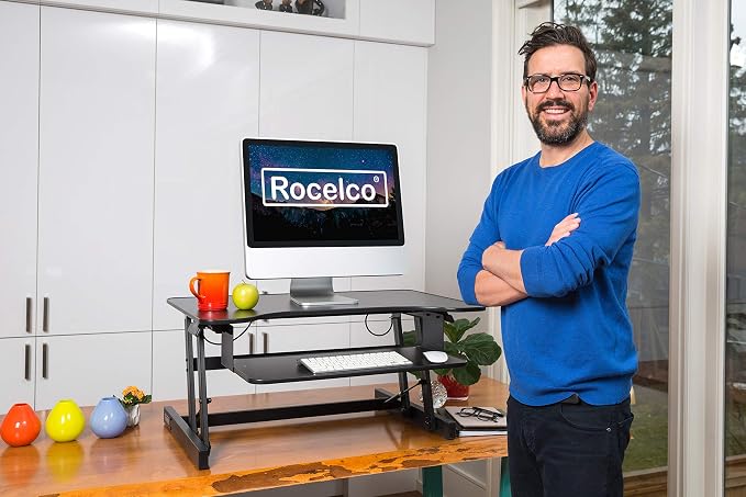 Rocelco 32" Height Adjustable Standing Desk Converter - Slide Out Retractable Keyboard Tray - Sit Stand Up Double Monitor Riser - Dual Piston Lift Assist Tabletop Computer Workstation - Black (R ADRB) - Image 6