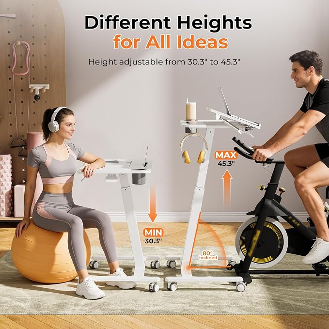 JOY worker Mobile Standing Desk for Treadmill, 31.5" Small Walking Pad Desk | Pneumatic Height Adjustable, 40° Foldable White Rolling Sit-Stand Table on Wheels, Cup Holder & Towel Rack, for Home Office - Image 3