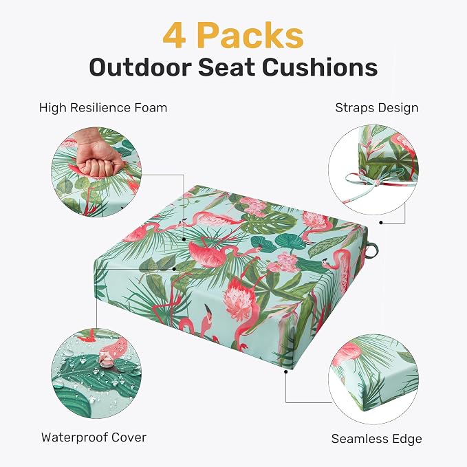 Outdoor Chair Cushions, Set of 4, 24"*24"*4", Water Resistant, Flamingos - Image 2