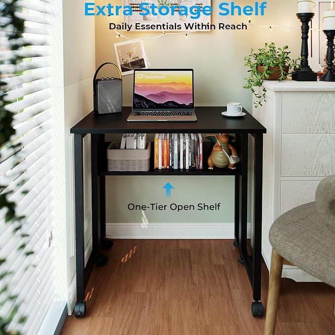 GreenForest Folding Desk with Wheels, 24.8" Rolling Table for Small Spaces | Storage Shelf, Lockable Casters, Compact Portable Workstation, Space-Saving Foldable Sofa Table, Home Office, Mobile, Black - Image 5