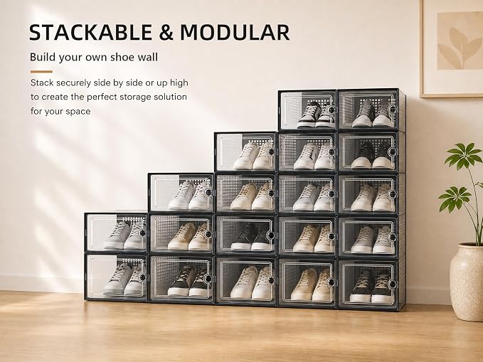 Kuject X-Large Shoe Storage Boxes 12 Pack, Clear Stackable Shoe Organizer | Shoe Case for Closet, Entryway & Under-Bed Storage, Drop-Front Design, Space-Saving Solution for Family Organization,Black - Image 7