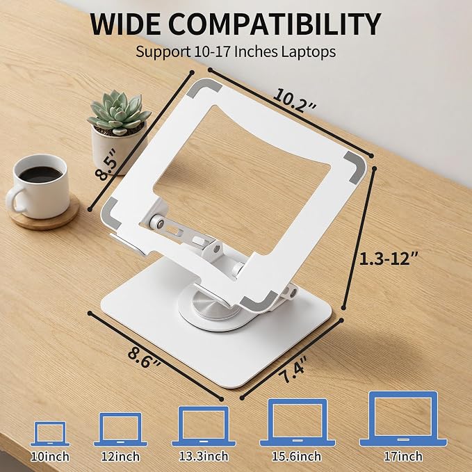 SOUNDANCE 360 Rotating Laptop Stand, Ergonomic Computer Riser for Desk, Adjustable Height Multi-Angle Metal Holder, Foldable Portable Notebook Elevating Base for Office & Home, White - Image 6