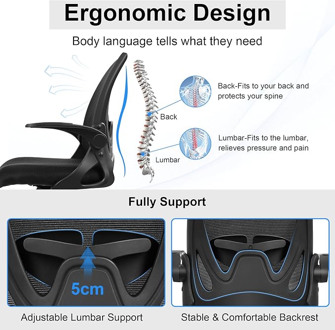 Office Chair Ergonomic Desk Chair with Flip up Armrests Swivel Breathable Desk Mesh Computer Chair with Adjustable Lumbar Support and Height for Conference Room (Black) - Image 4