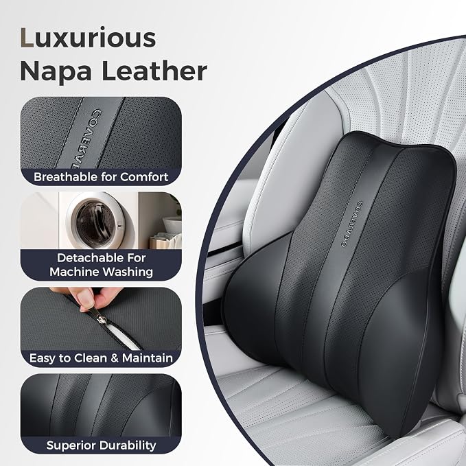Coverado Lumbar Support Pillow for Car, Ergonomic Memory Foam Back Pillow for Office Chair, New Back Cushion for Pain Relief, PU Leather Car Lumbar Support for Driving Seat Black - Image 6