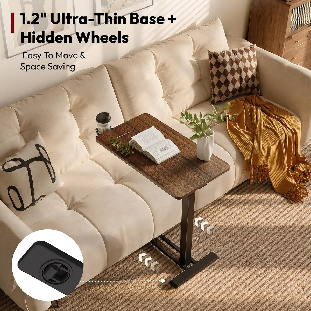 SANODESK 28''Pneumatic Adjustable Overbed Bedside Table with Hidden Casters - Image 5