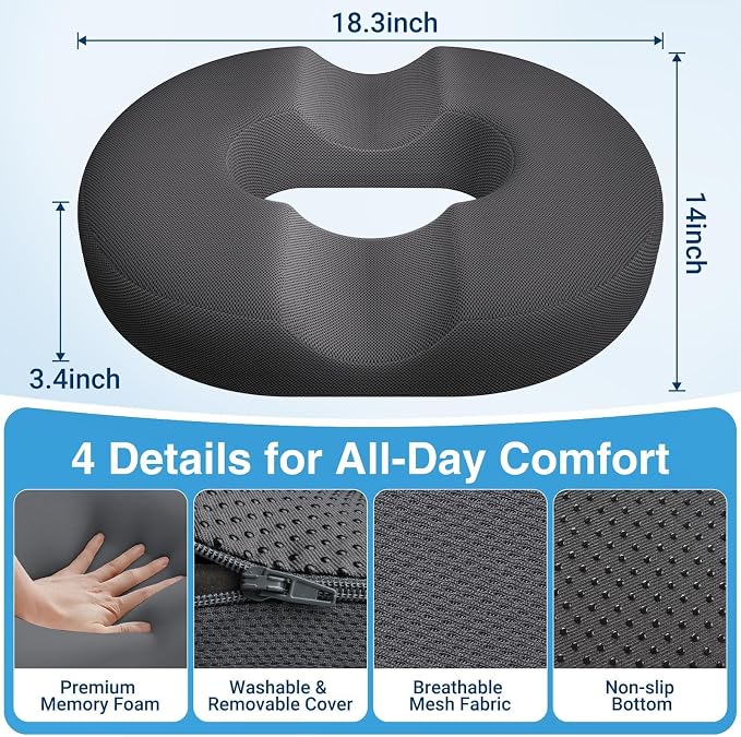 Donut Seat Cushion, Hemorrhoid Pillow, Office Chair Cushion, Gray, X-Large | Ergonomic Design, Breathable Cover, for Tailbone Pain, Hemorrhoids & Long Sitting Hours, for Home & Office, - Image 5