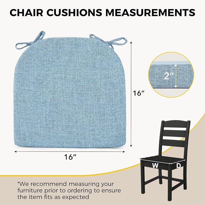 downluxe Indoor Chair Cushions for Dining Chairs, Soft and Comfortable Textured Foam Kitchen Chair Pads with Ties and Non-Slip Backing, 16" x 16" x 2", Light Blue, 6 Pack - Image 2