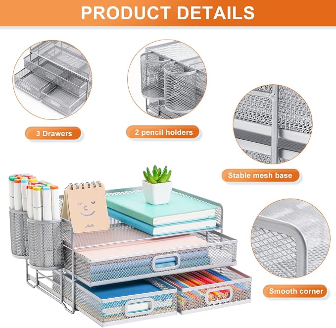 Marbrasse 3 Tier Mesh Desk Organizer with Drawer, Multi-Functional Desk Organizers and Accessories, Paper Letter Organizer with 2 Pen Holder for Home Office Supplies (Silver) - Image 4