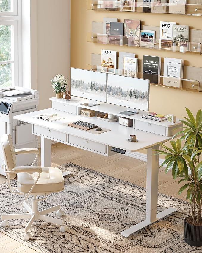 CubiCubi 48" x 24" Standing Electric Desk with Drawers, Warm White | Height Adjustable Workstation, Computer Sit Stand Up Office Table with Large Storage Shelf, 4 Drawers and 2 Hooks - Image 2