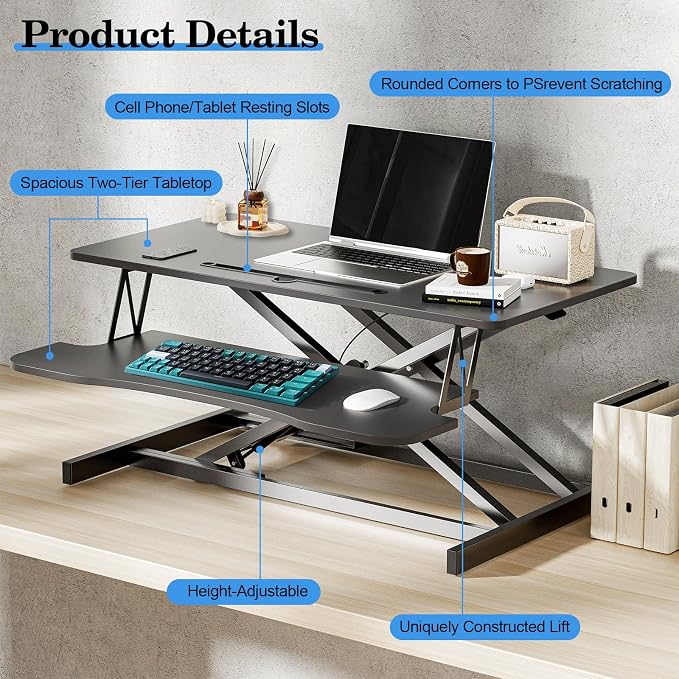 AQQHSAIN Standing Desk Converter 36 Inch Wide Sit to Stand Converter Desk Height Adjustable Riser with Keyboard Tray Laptop and Dual Monitor Desktop Workstation Riser for Home Office Computer - Image 3