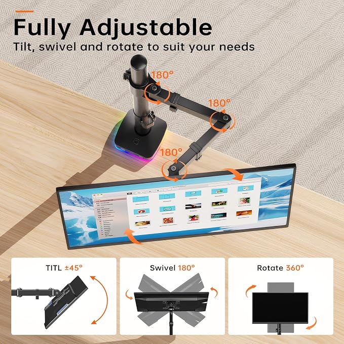 Afaloona RGB Monitor Arm with USB Hub for 13-27" Monitor, up to 17.6 lbs | Monitor mount with 1 USB-C and 2 USB-A ports supports charging and data transfer for office setups, gaming and workstations - Image 7