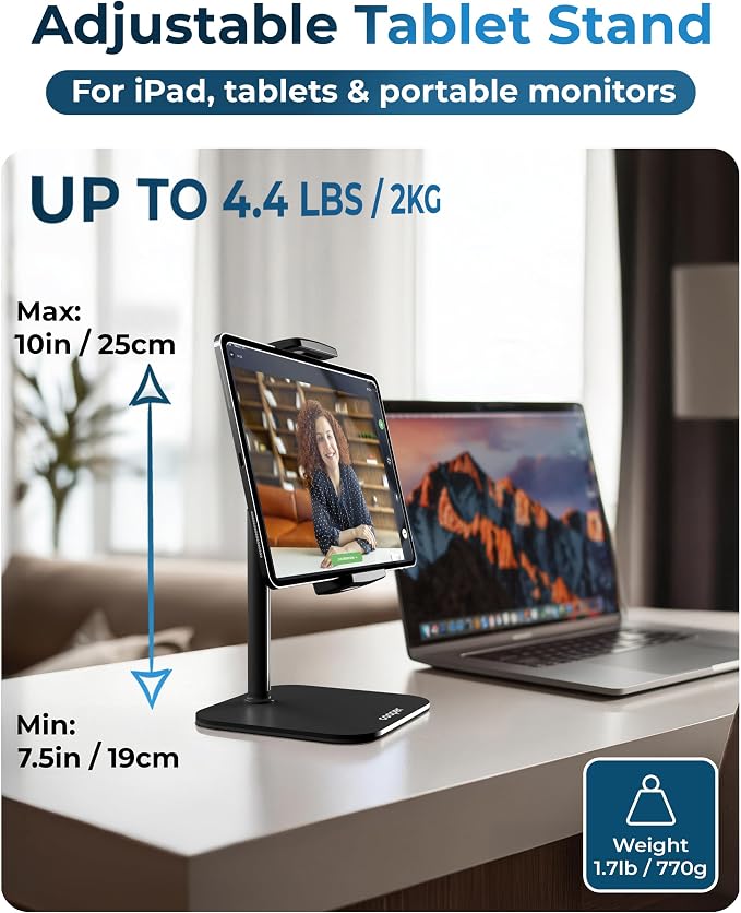 COOPER TabStand Mini 10" Tablet Stand, iPad Stand for Desk, Tablet Mount | 7.5-10" Adjustable, Weighted Base, Strong Grip, Portable Monitor Holder, Tripod iPad Holder; Fits Samsung, Kindle, iPad Pro - Image 2