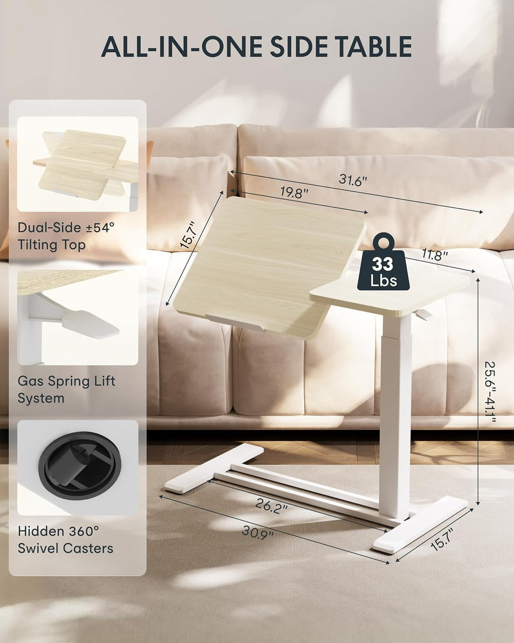FLEXISPOT 32" Gas Spring C Table with Split Tilting Top,Mobile Side Table - Image 3