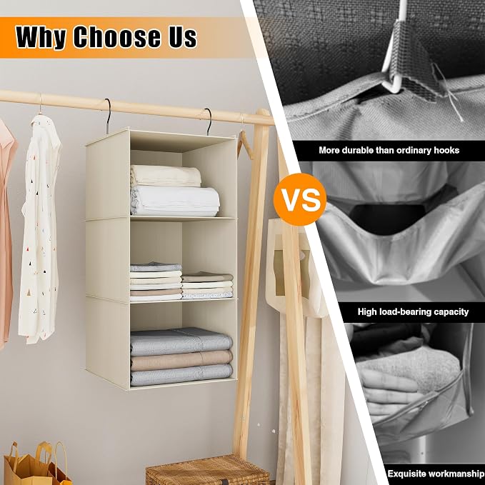 Hanging Closet Organizer 3-Shelf, Oxford Fabric Wardrobe Storage, Beige | Easy-mount foldable design holds clothes, handbags, shoes & accessories; washable Oxford fabric, sturdy and space-saving. - Image 8