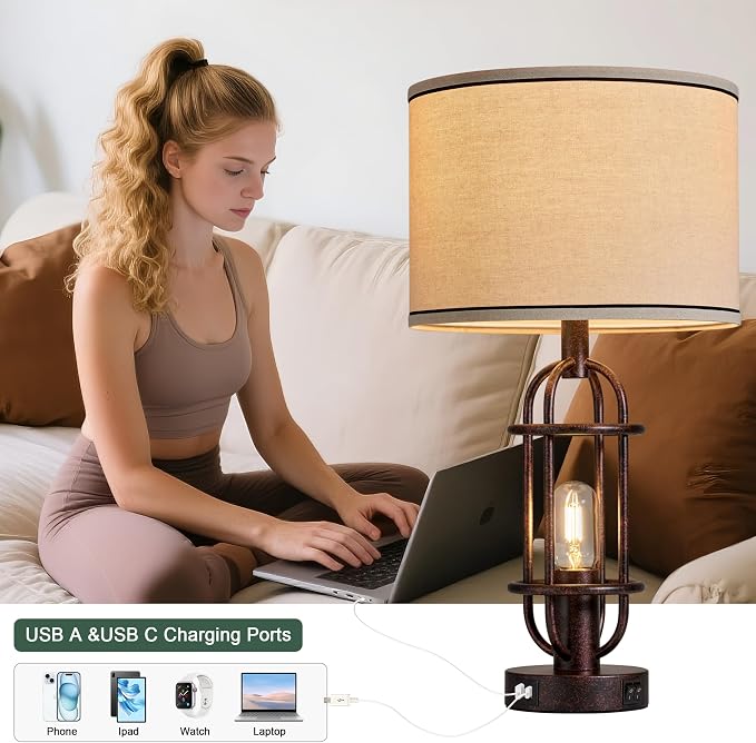 Reaketon 22.3" Table Lamps for Living Room Set of 2, Farmhouse Lamps for Nightstand, Vintage Table Lamps for Bedroom with USB Ports, Bulbs Included - Image 2