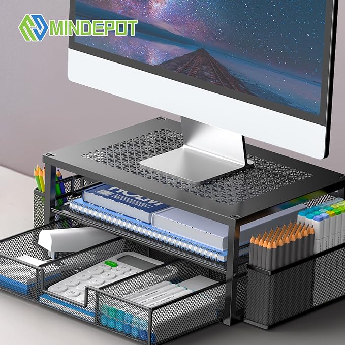 MINDEPOT 2 Tier Computer Monitor Stands with Drawer and 2 Pencil Holder | Computer Monitor Stands with Drawer and 2 Pencil Holder - Image 8