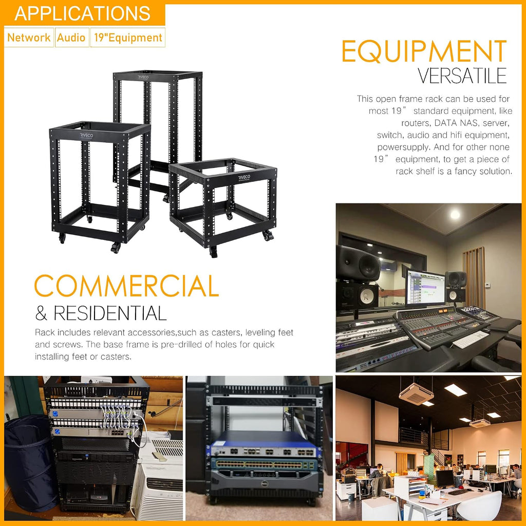 12U Server Rack Open Frame with Casters-RIVECO 4 Post Quick Assembly 19-inch, Data Rack Network Shelf Cabinet Heavy Duty Black - Image 6
