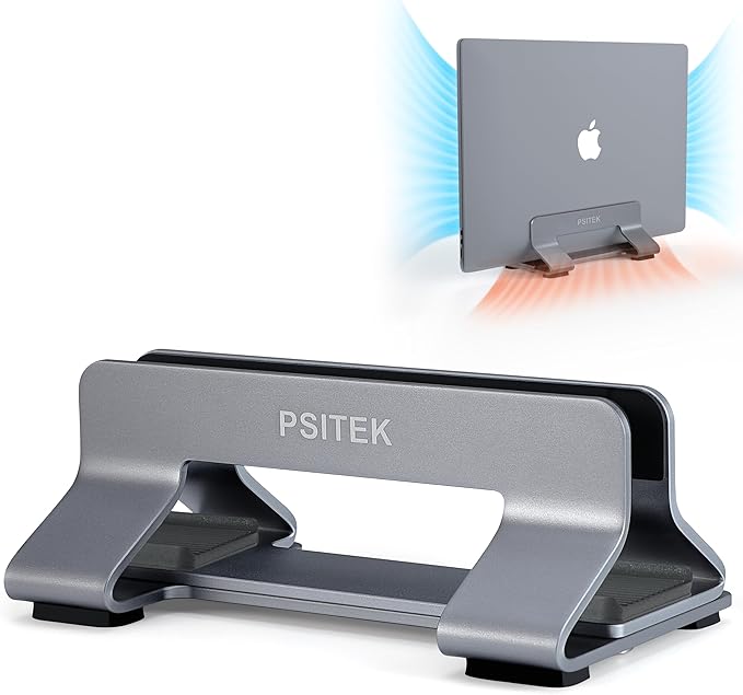 Aluminum Vertical Laptop Stand Dock Holder, Adjustable Slot Width 12-42mm, Space-Saving Upright Storage for MacBook and Laptops by Psitek