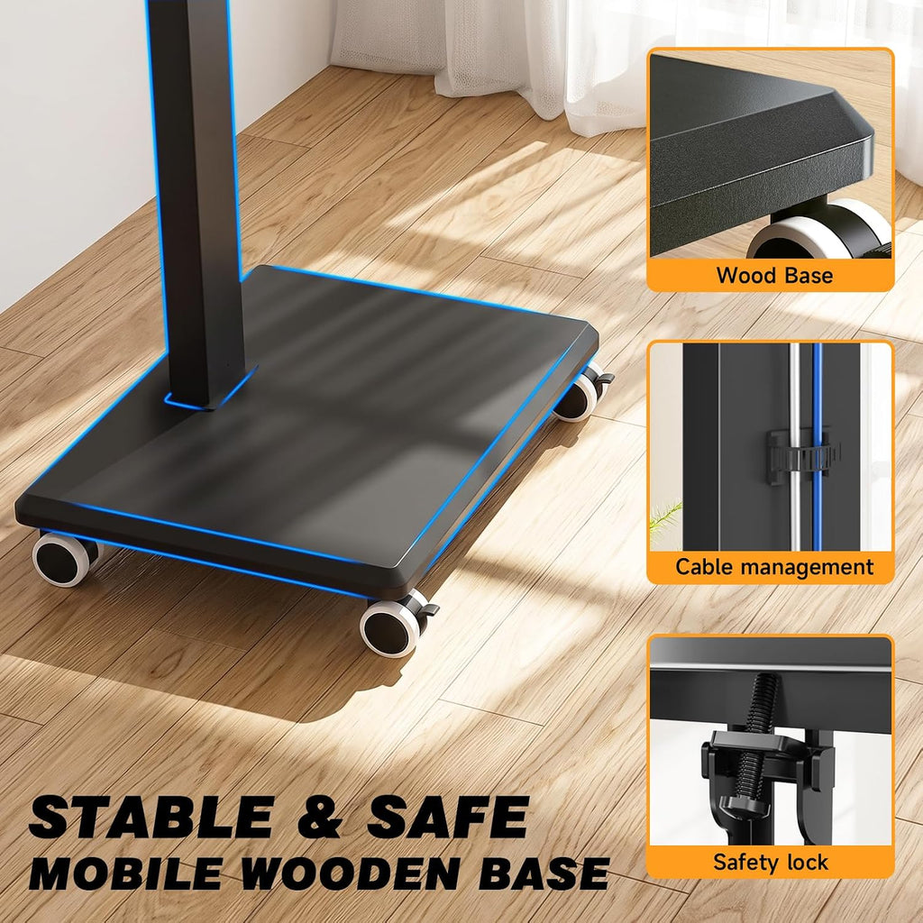 Rolling Floor TV Stand with Double Shelves, Height Adjustable Swivel Freestanding TV Mount with 2'' Lockable Nylon Casters, Solid Wood Base for 32-75 Inch TVs up to 110 lbs, Max VESA 400x400mm - Image 6